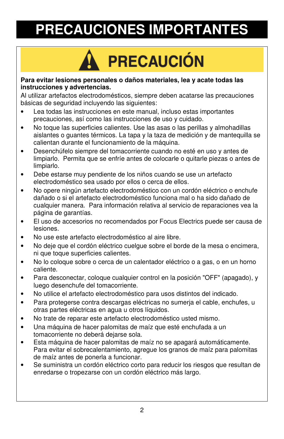 Precauciones importantes | West Bend Air Crazy L5792B User Manual | Page 15 / 20