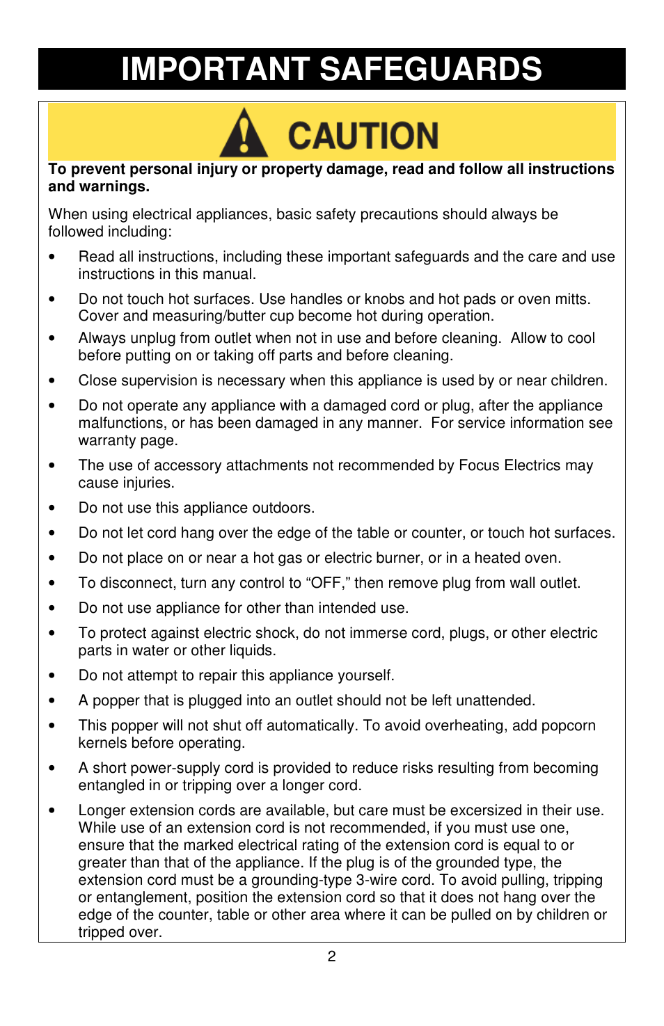 Important safeguards | West Bend Air Crazy L5792B User Manual | Page 2 / 20