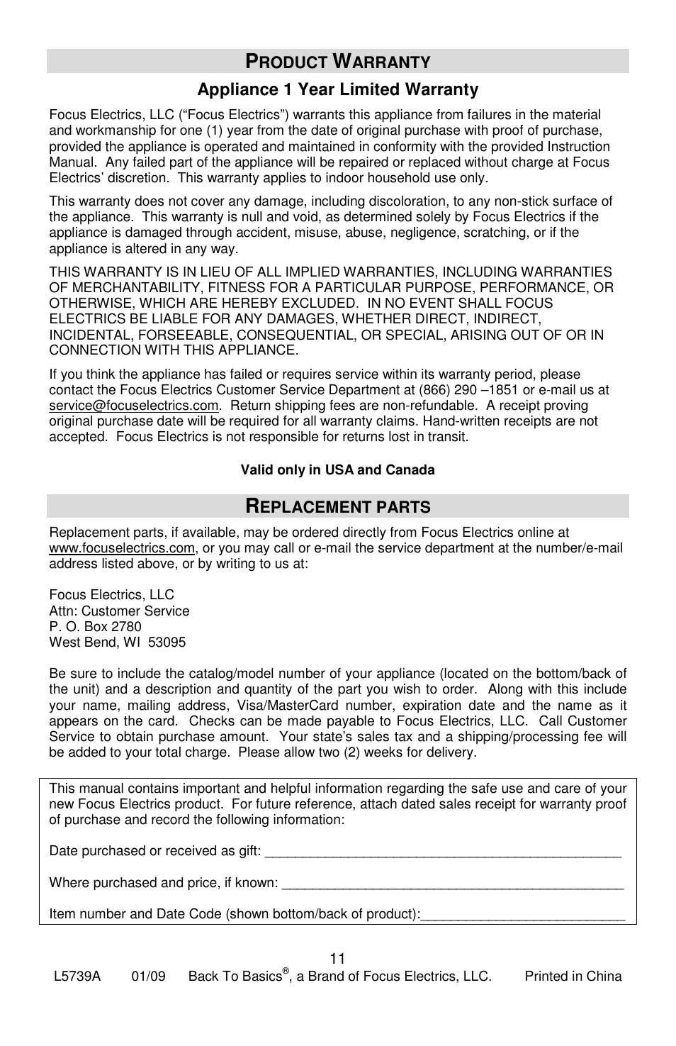 Appliance 1 year limited warranty | West Bend Smoothie Signature II User Manual | Page 11 / 36