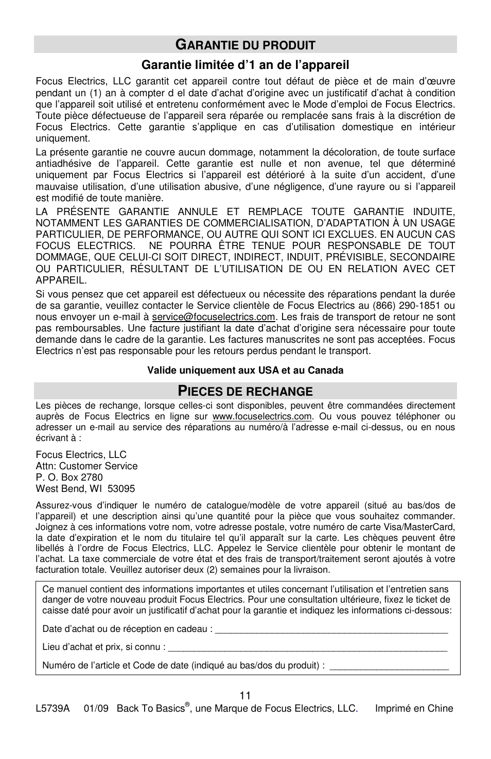 Garantie limitée d’1 an de l’appareil, Arantie du produit, Ieces de rechange | West Bend Smoothie Signature II User Manual | Page 23 / 36