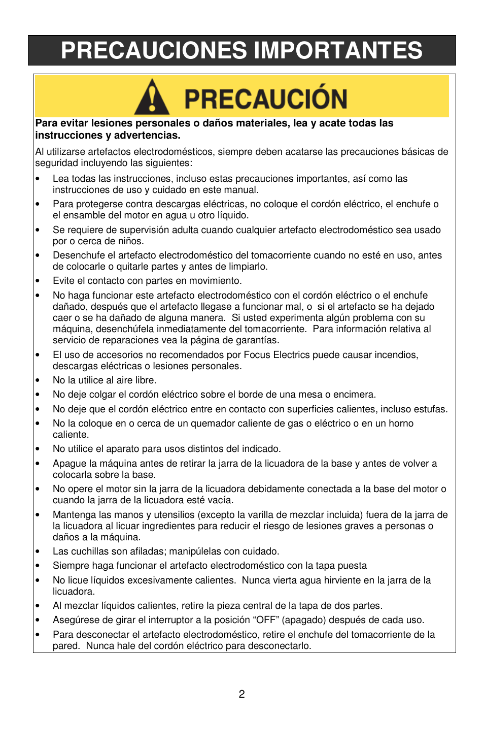 Precauciones importantes | West Bend Smoothie Signature II User Manual | Page 26 / 36