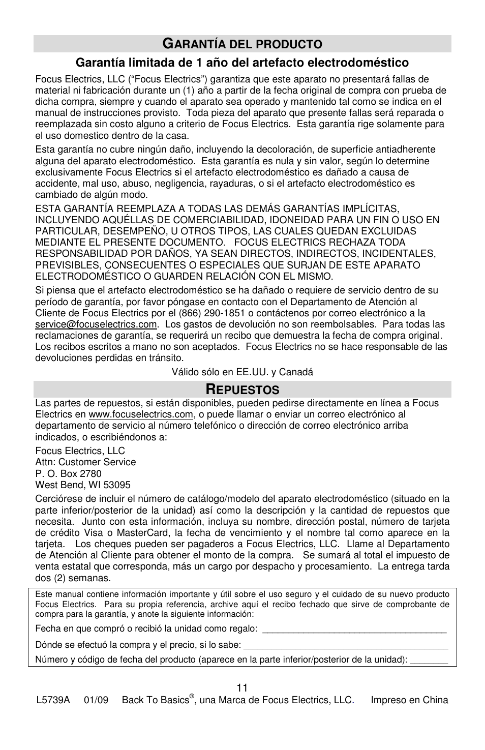 Arantía del producto, Epuestos | West Bend Smoothie Signature II User Manual | Page 35 / 36