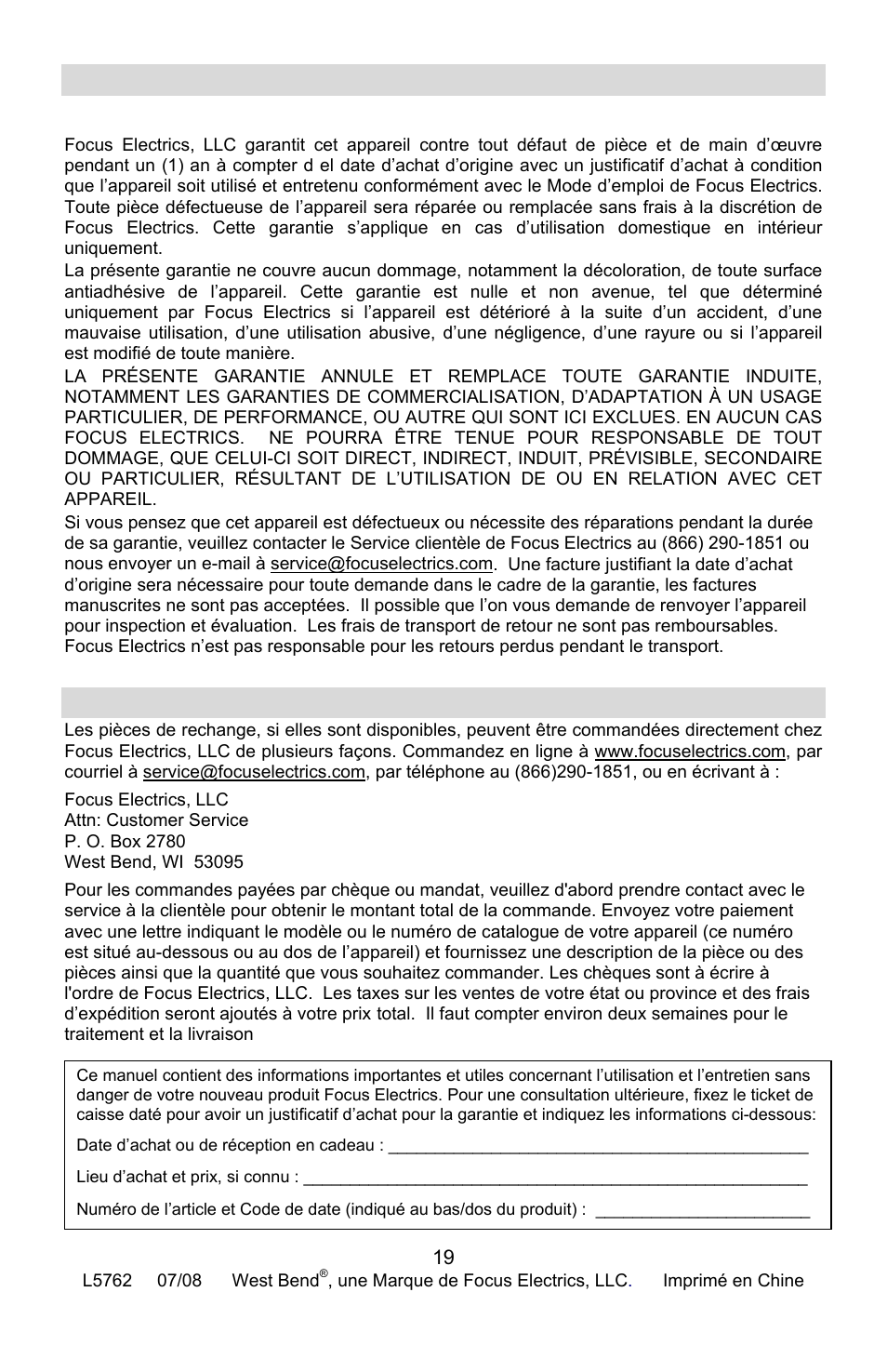 Garantie du produit, Garantie limitée d’1 an de l’appareil, Pièces de rechange | Arantie du produit, Ieces de rechange | West Bend Chris Freytag 41200CF User Manual | Page 39 / 60