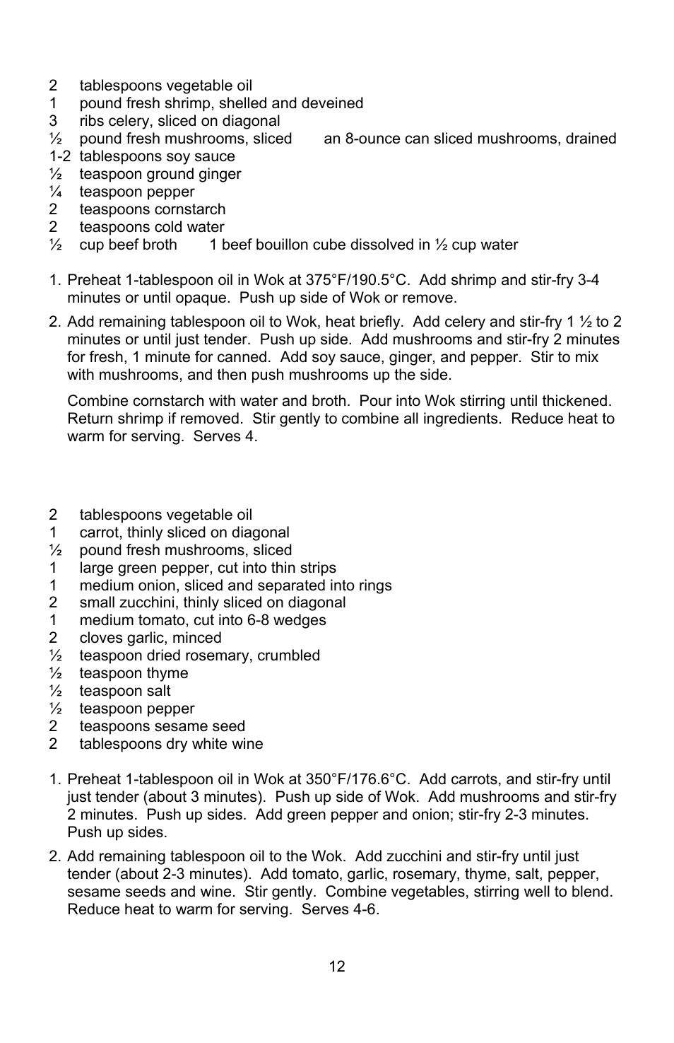 Shrimp and mushrooms, Garden stir-fry | West Bend Housewares Electric Wok User Manual | Page 12 / 48