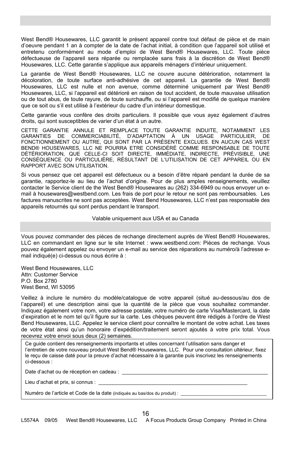 Garantie du produit, Garantie de l’appareil limitée à 1 an, Pièces de rechange | West Bend Housewares Electric Wok User Manual | Page 32 / 48