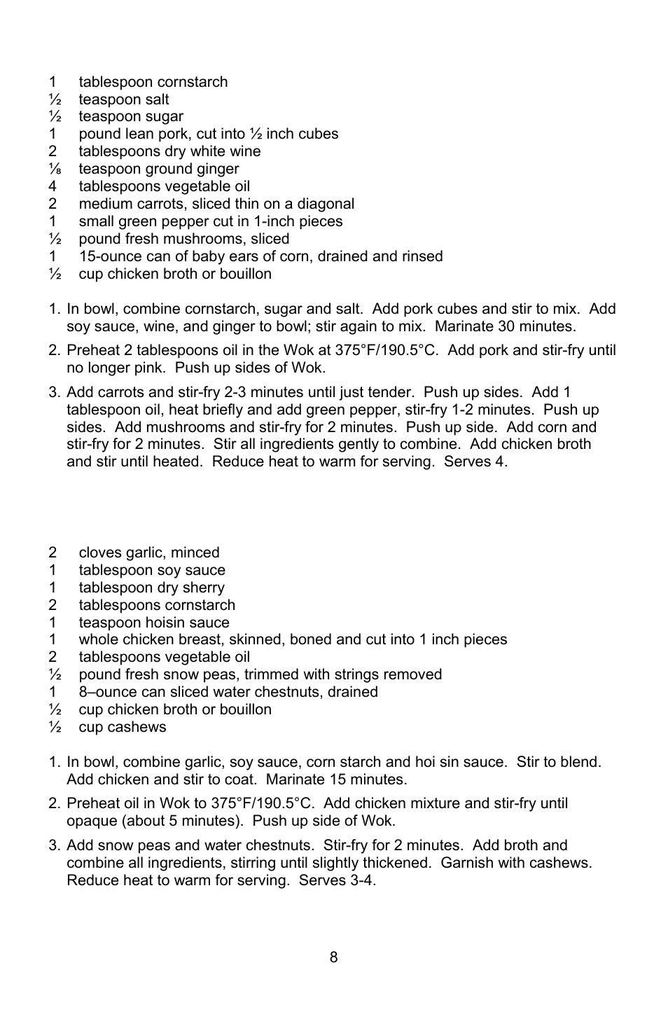 Pork and vegetable stir fry, Chicken with snow peas and cashews | West Bend Housewares Electric Wok User Manual | Page 8 / 48