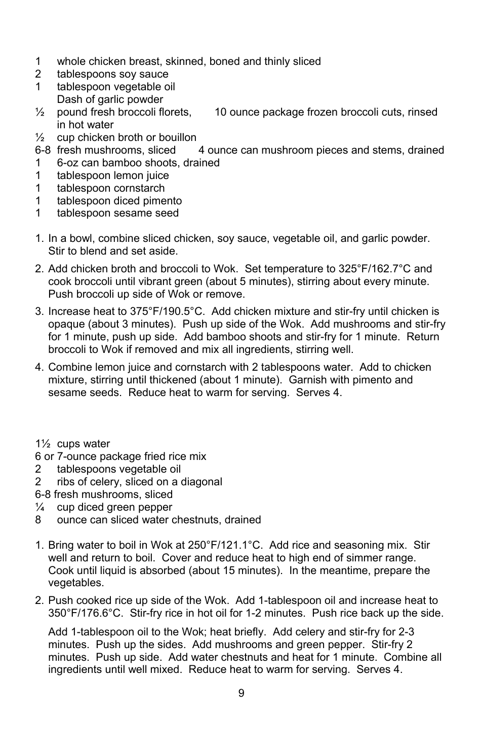 Chicken broccoli, Fried rice with vegetables | West Bend Housewares Electric Wok User Manual | Page 9 / 48