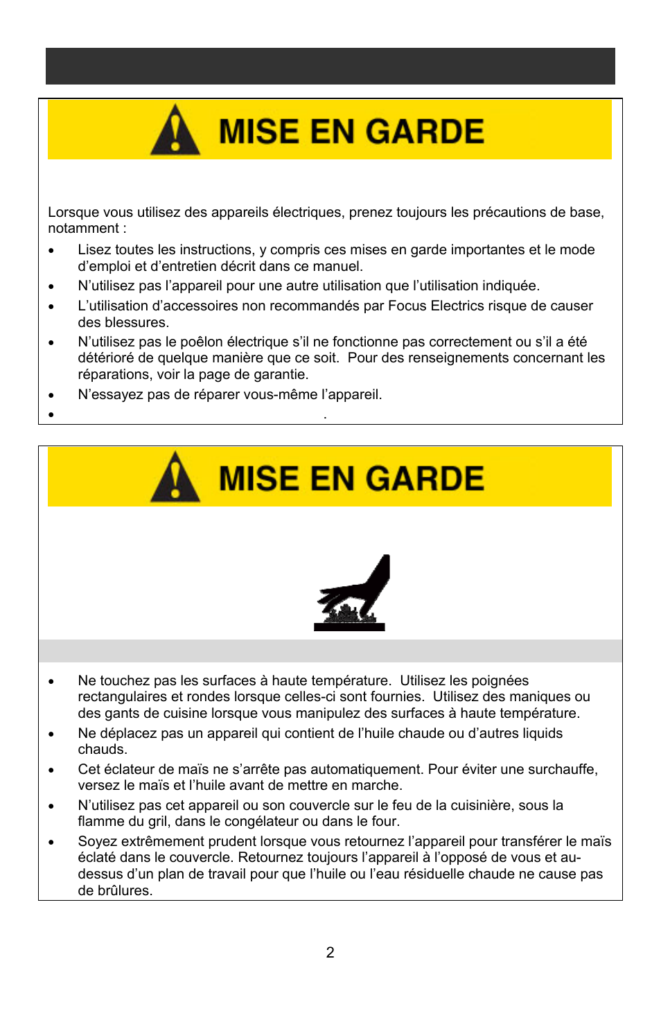 Précautions liées à la chaleur, Mises en garde importantes | West Bend STIR CRAZY L5557B User Manual | Page 10 / 24