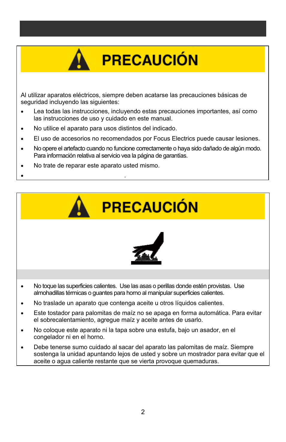 Precauciones de calentamiento, Precauciones importantes | West Bend STIR CRAZY L5557B User Manual | Page 18 / 24