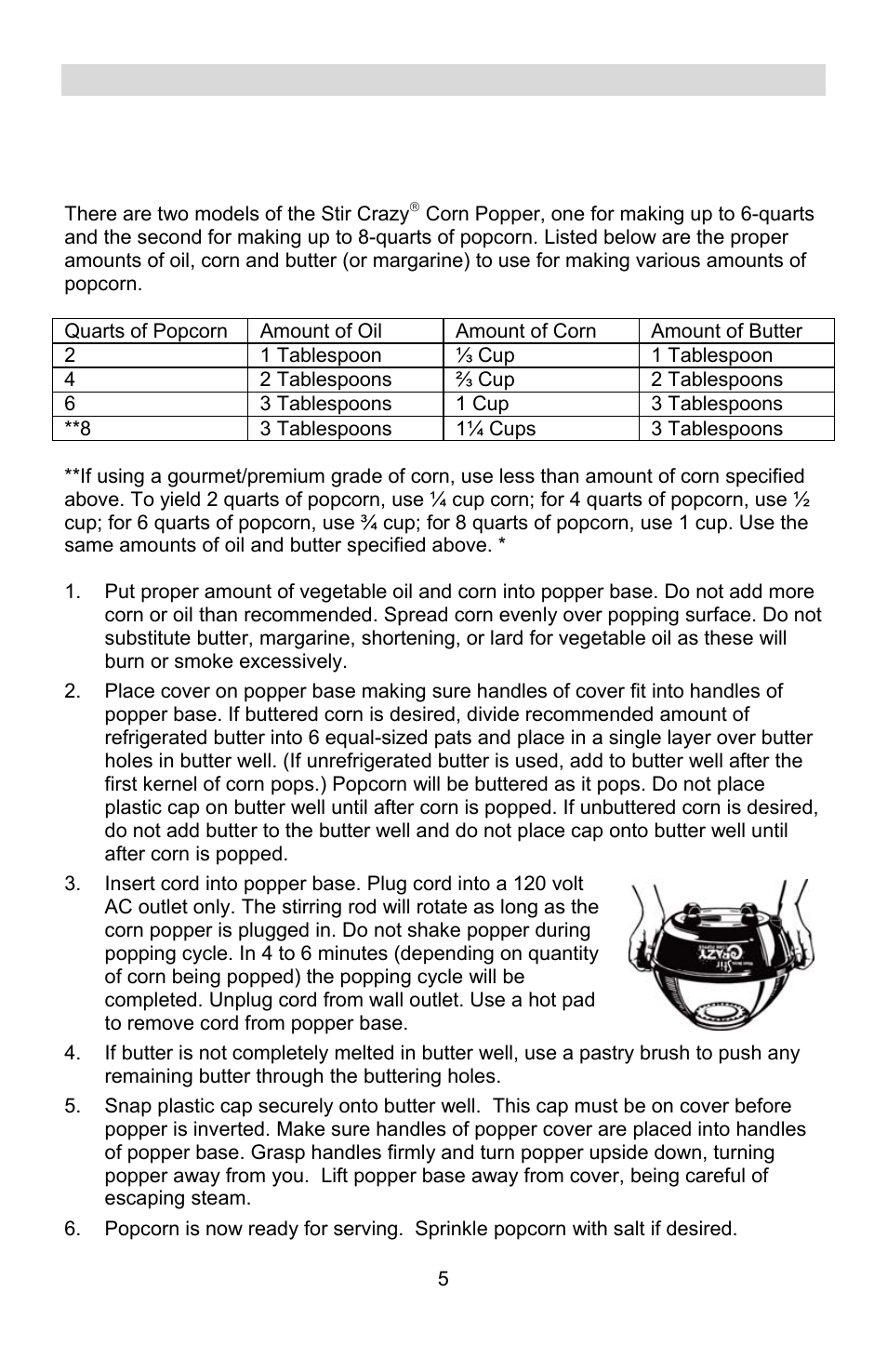 Using your stir crazy® corn popper, Preparing popcorn | West Bend STIR CRAZY L5557B User Manual | Page 5 / 24