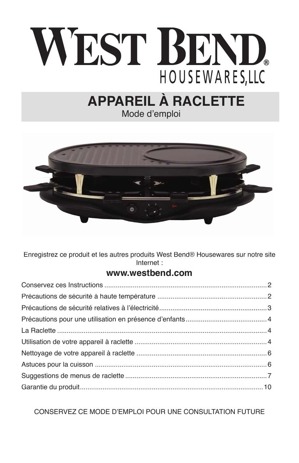 Appareil à raclette | West Bend Model 6130 User Manual | Page 10 / 28