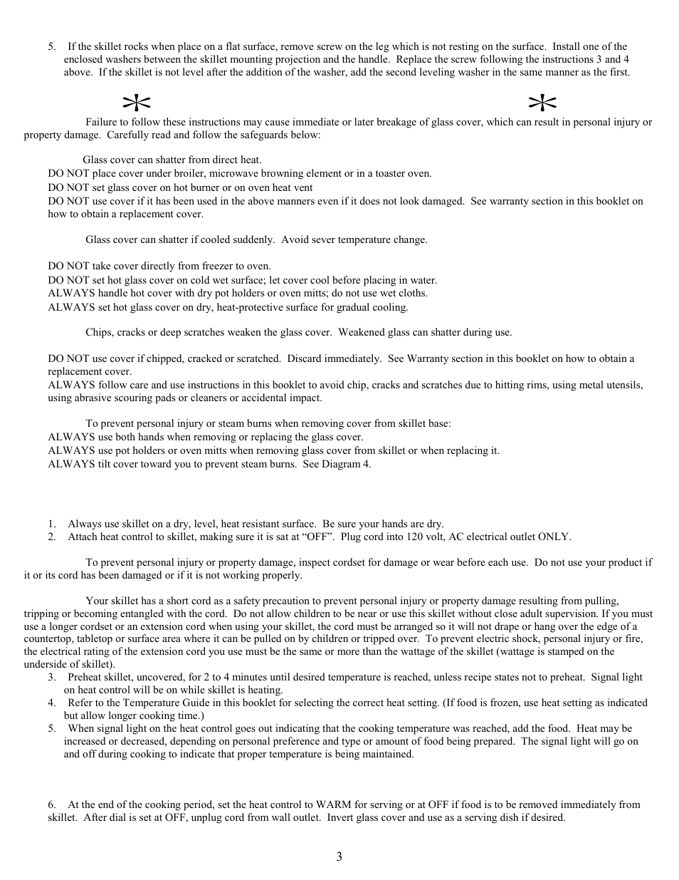 Special safeguards for glass cover, Cooking instructions | West Bend 72000 User Manual | Page 3 / 16
