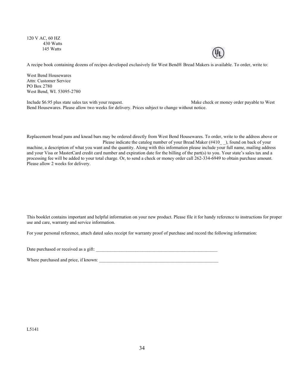 West Bend L5141 User Manual | Page 34 / 34