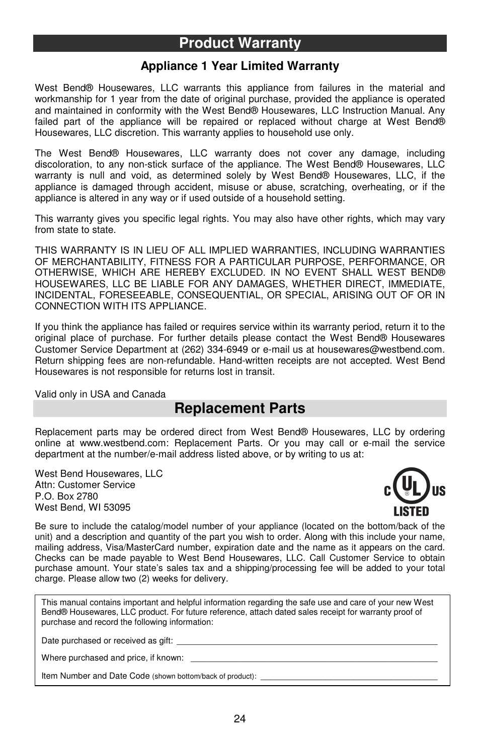 Product warranty, Replacement parts, Appliance 1 year limited warranty | West Bend Cookers User Manual | Page 24 / 72