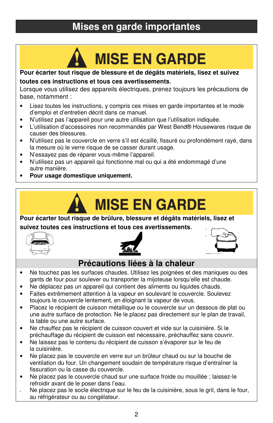 Mises en garde importantes, Précautions liées à la chaleur | West Bend Cookers User Manual | Page 26 / 72