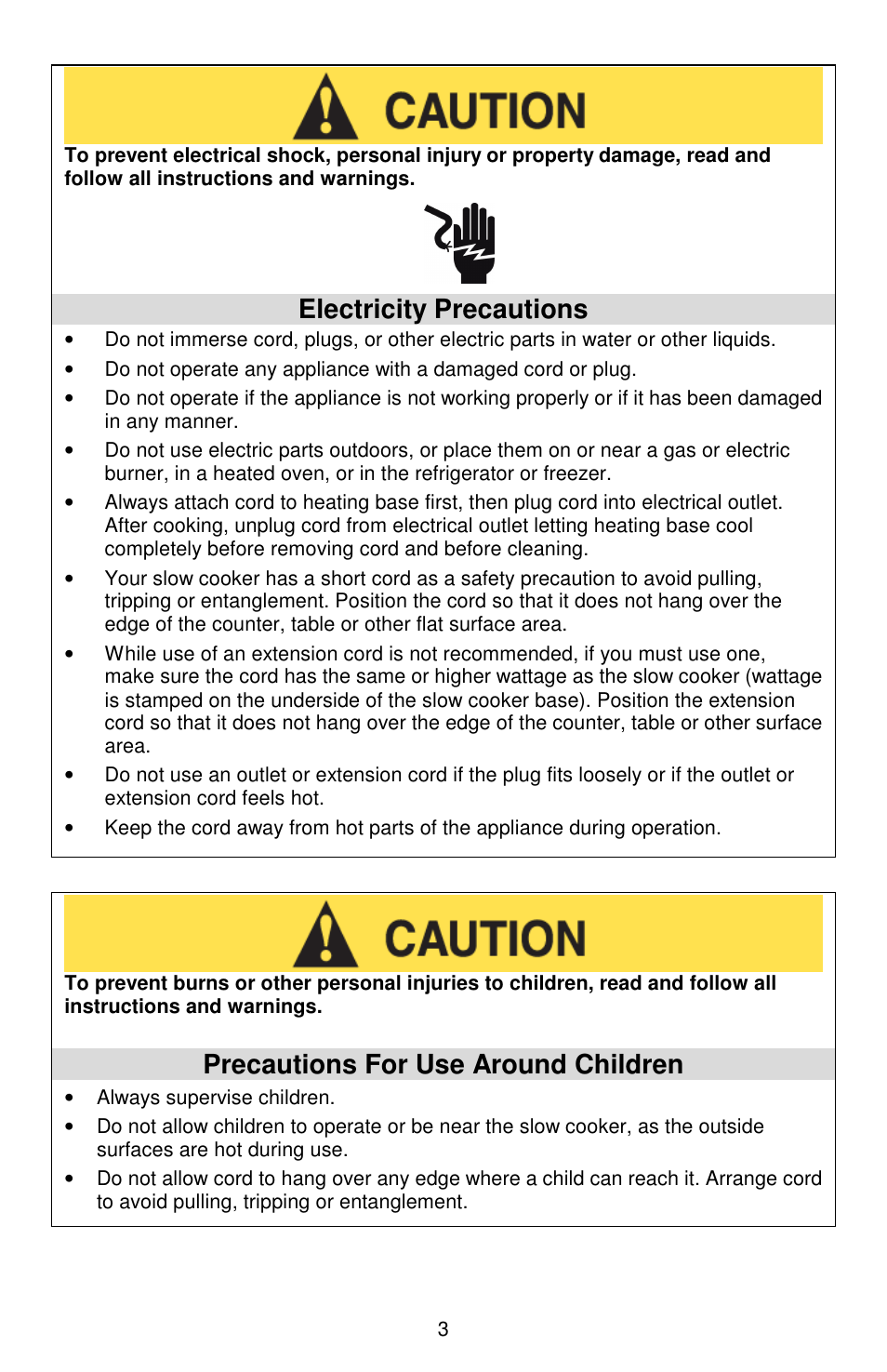 Electricity precautions, Precautions for use around children | West Bend Cookers User Manual | Page 3 / 72