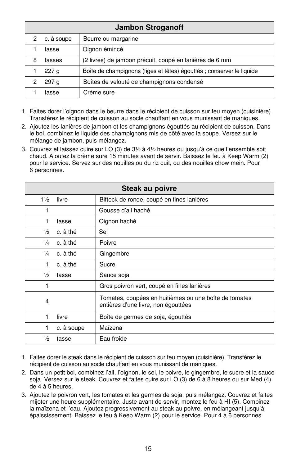 Jambon stroganoff, Steak au poivre | West Bend Cookers User Manual | Page 39 / 72