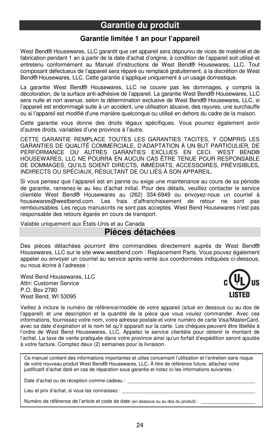 Garantie du produit, Pièces détachées, Garantie limitée 1 an pour l’appareil | West Bend Cookers User Manual | Page 48 / 72