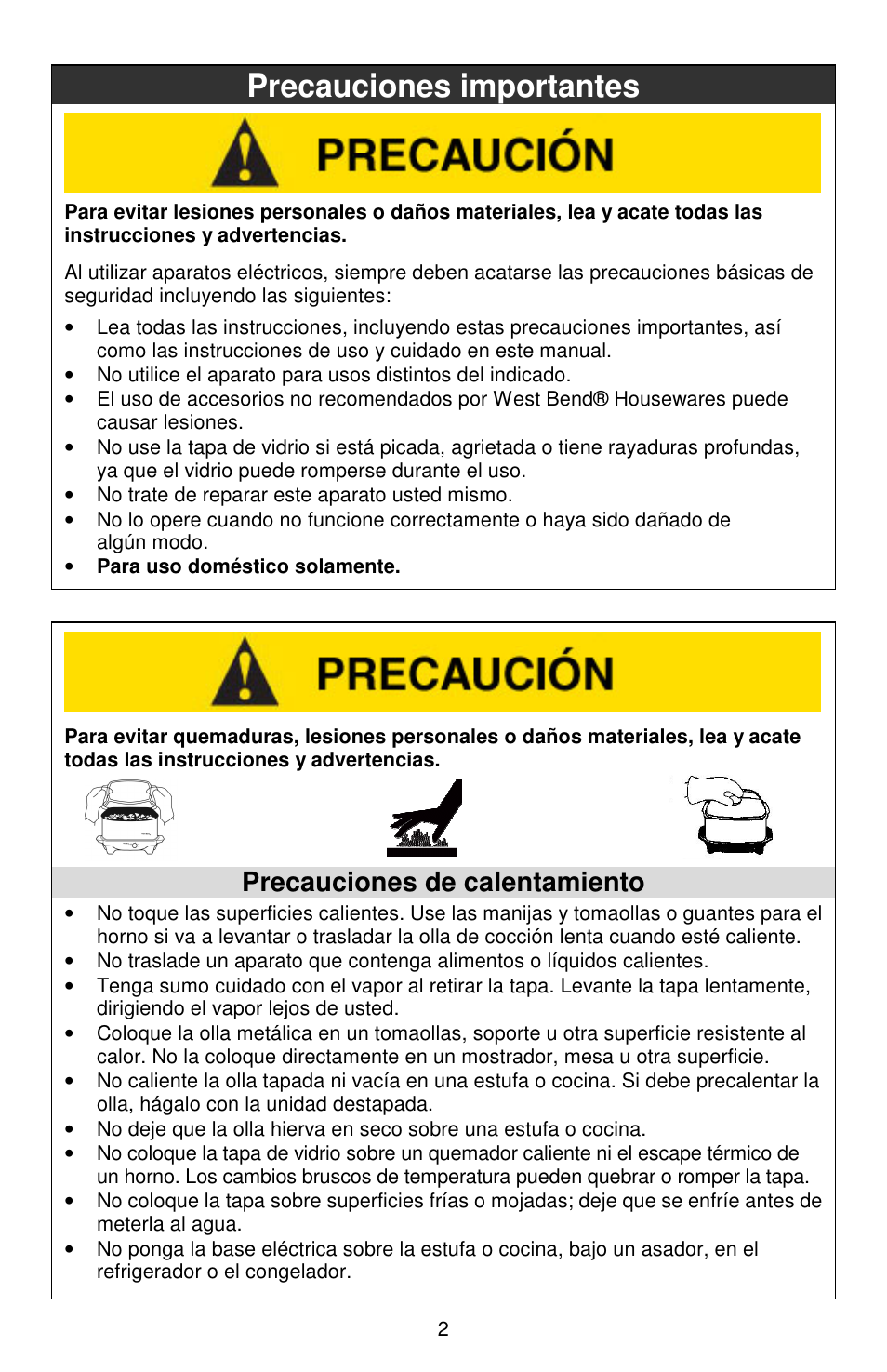 Precauciones importantes, Precauciones de calentamiento | West Bend Cookers User Manual | Page 50 / 72
