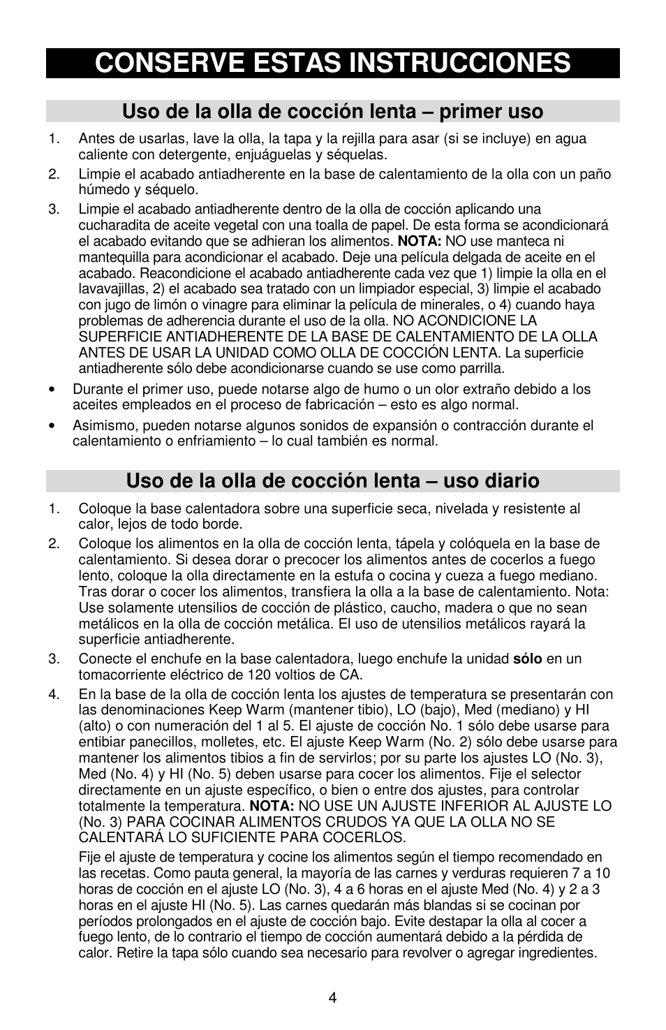 Conserve estas instrucciones, Uso de la olla de cocción lenta – primer uso, Uso de la olla de cocción lenta – uso diario | West Bend Cookers User Manual | Page 52 / 72