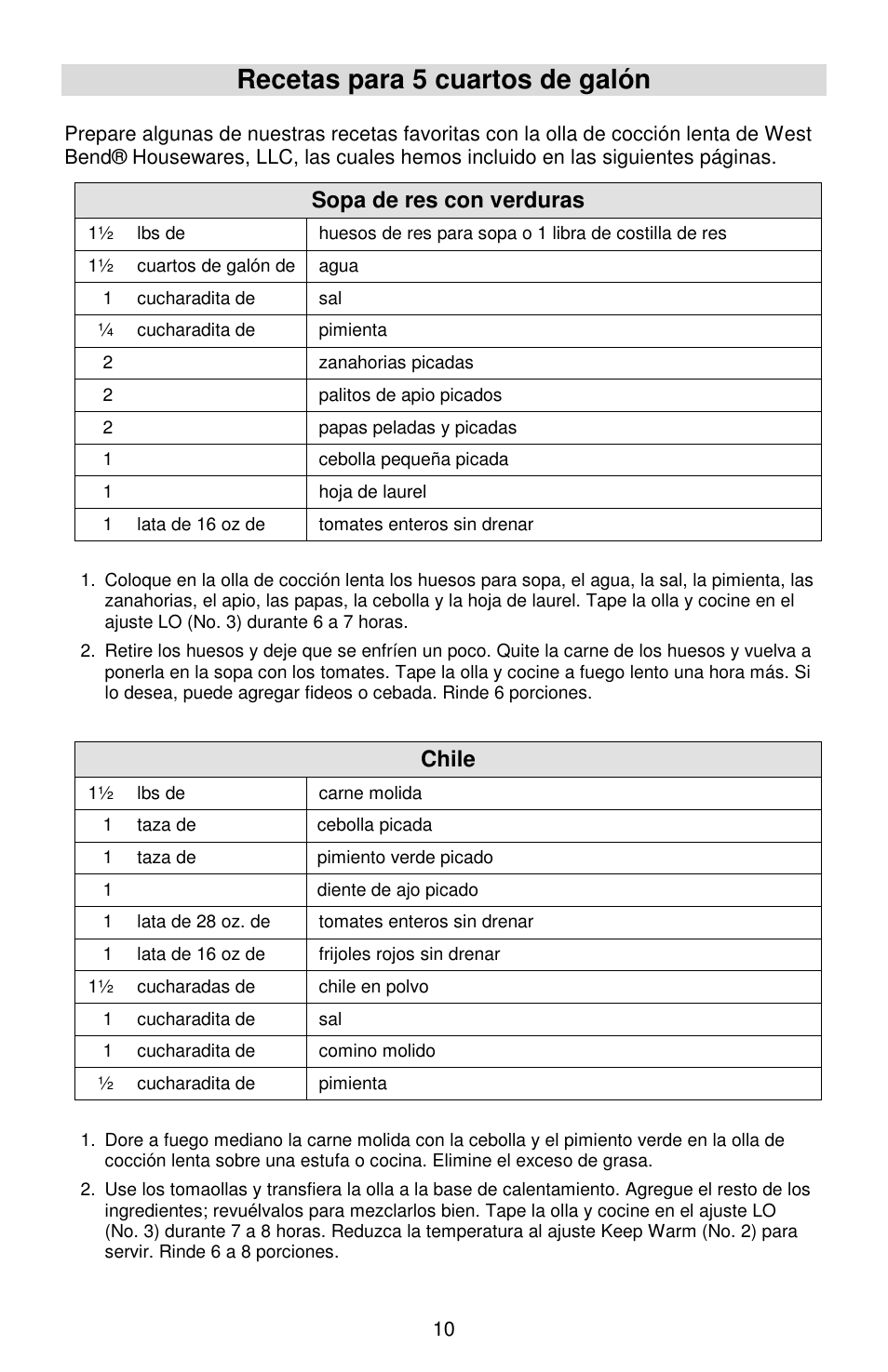 Recetas para 5 cuartos de galón, Sopa de res con verduras, Chile | West Bend Cookers User Manual | Page 58 / 72