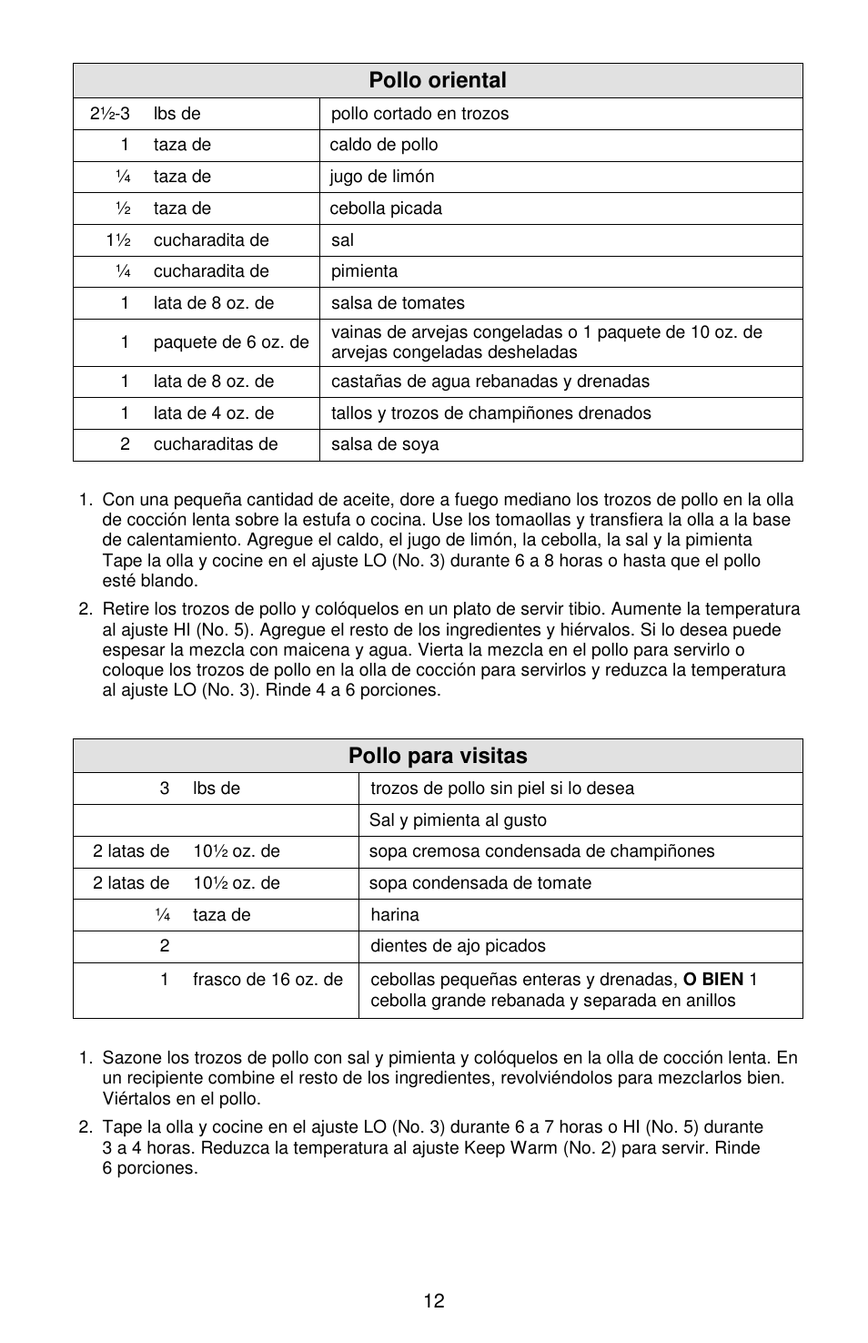 Pollo oriental, Pollo para visitas | West Bend Cookers User Manual | Page 60 / 72
