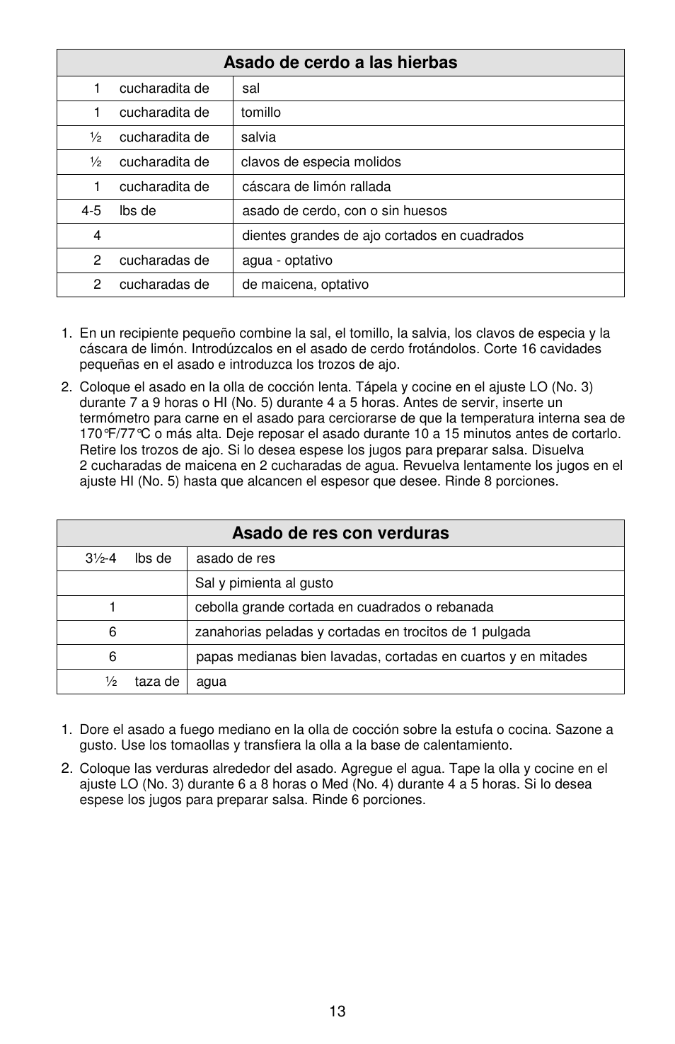 Asado de cerdo a las hierbas, Asado de res con verduras | West Bend Cookers User Manual | Page 61 / 72