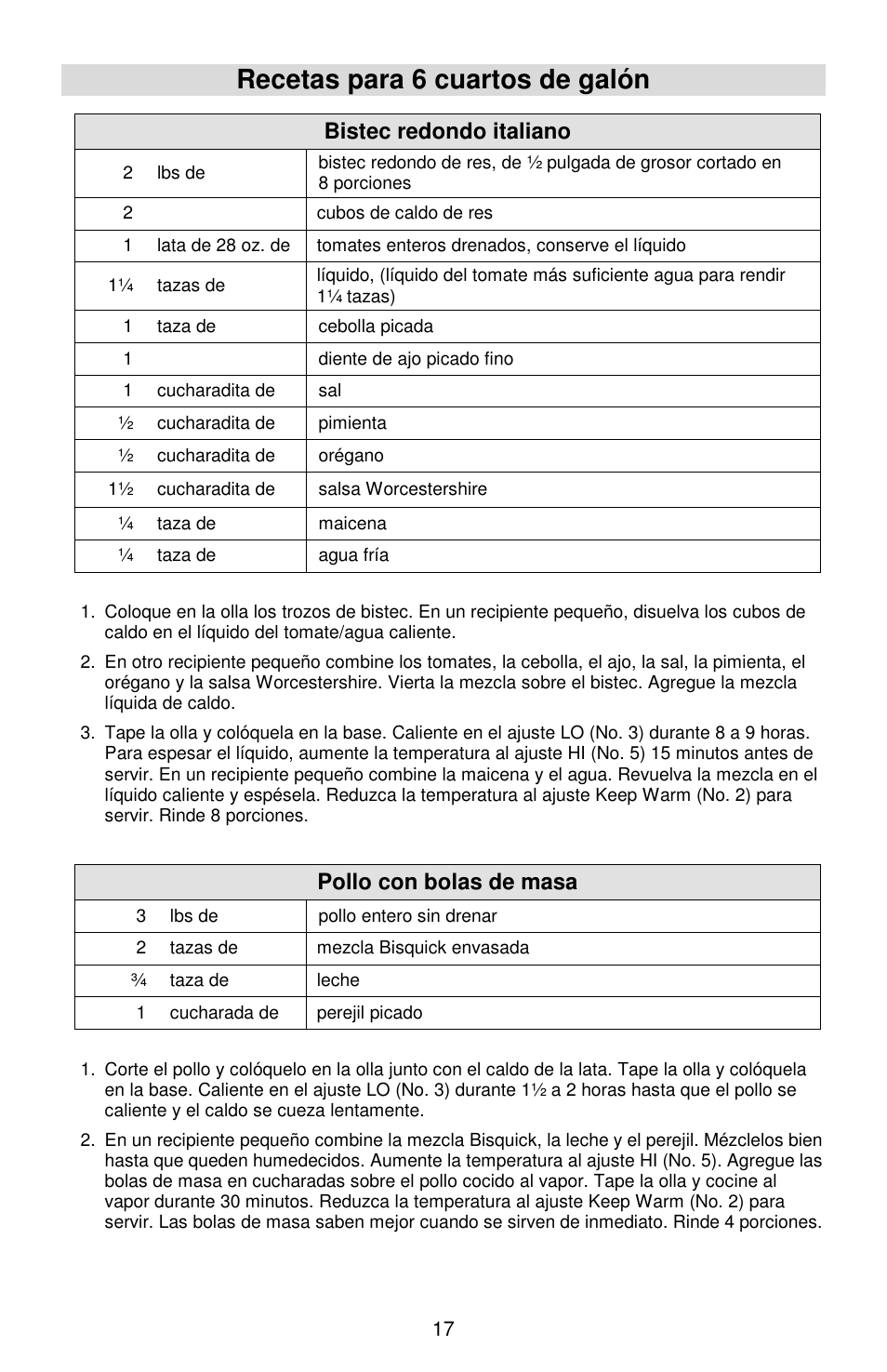 Recetas para 6 cuartos de galón, Bistec redondo italiano, Pollo con bolas de masa | West Bend Cookers User Manual | Page 65 / 72
