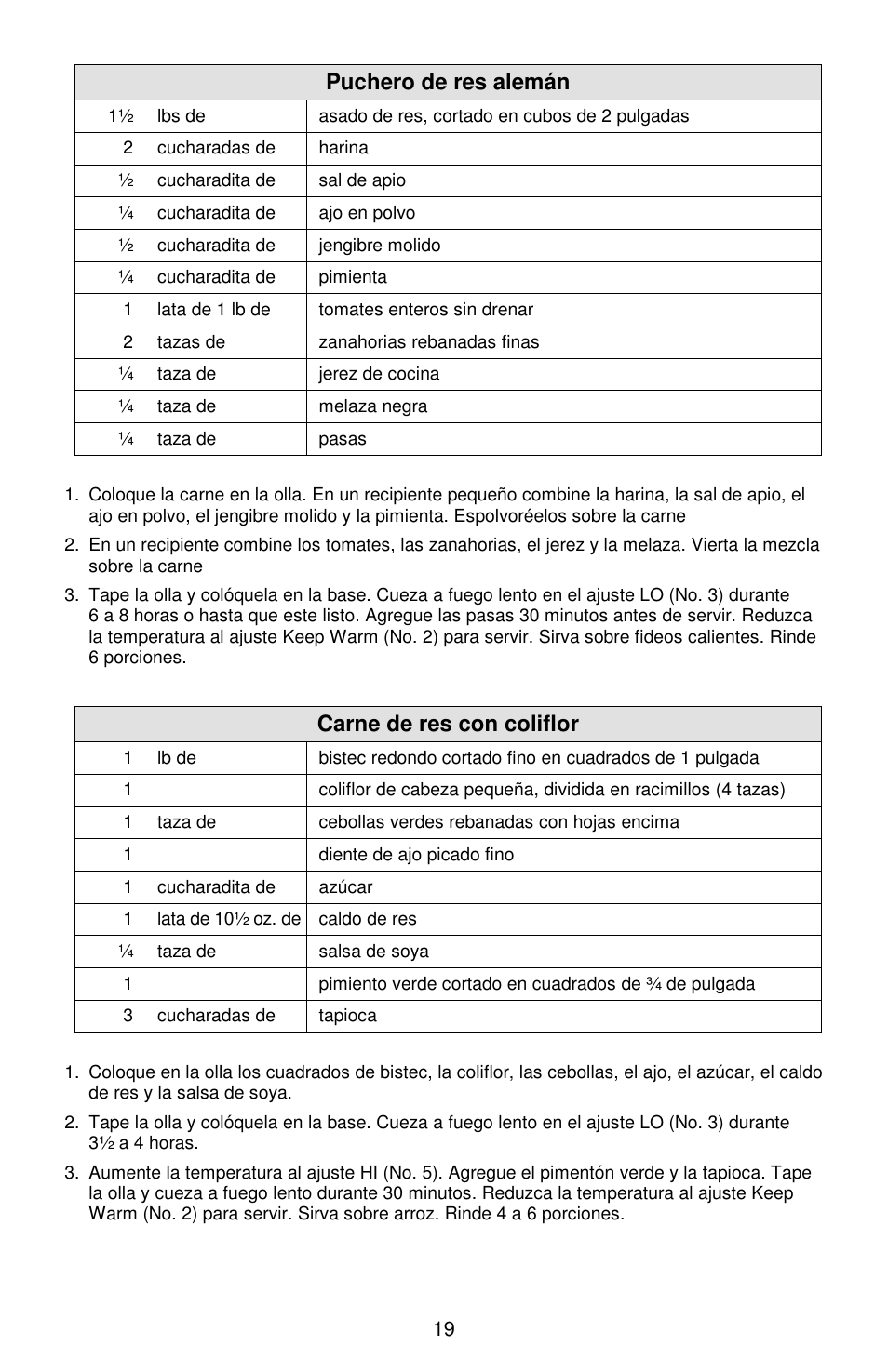Puchero de res alemán, Carne de res con coliflor | West Bend Cookers User Manual | Page 67 / 72