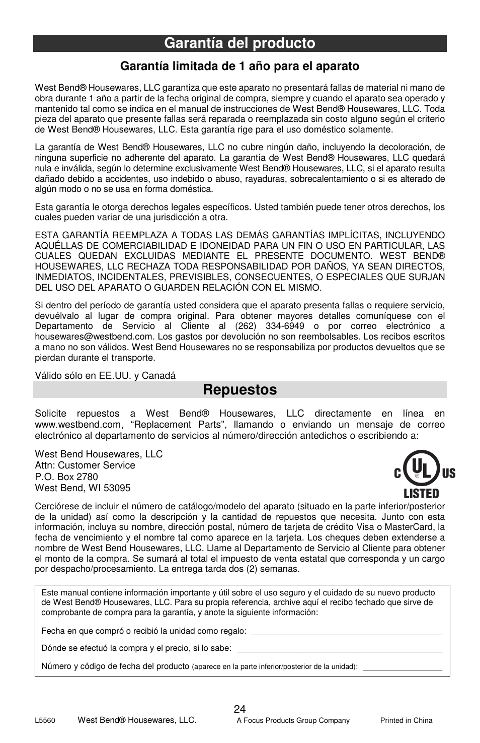 Garantía del producto, Repuestos, Garantía limitada de 1 año para el aparato | West Bend Cookers User Manual | Page 72 / 72