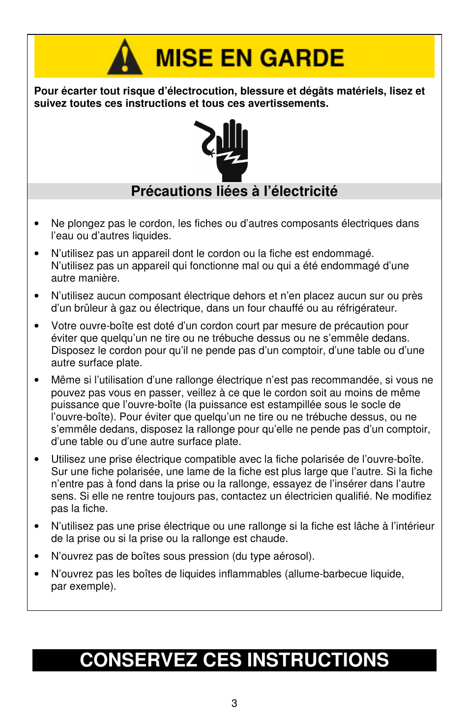 Conservez ces instructions, Précautions liées à l’électricité | West Bend Electric Can Opener User Manual | Page 10 / 20