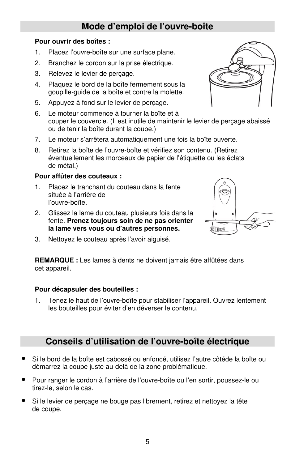 Mode d’emploi de l’ouvre-boîte, Conseils d’utilisation de l’ouvre-boîte électrique | West Bend Electric Can Opener User Manual | Page 12 / 20