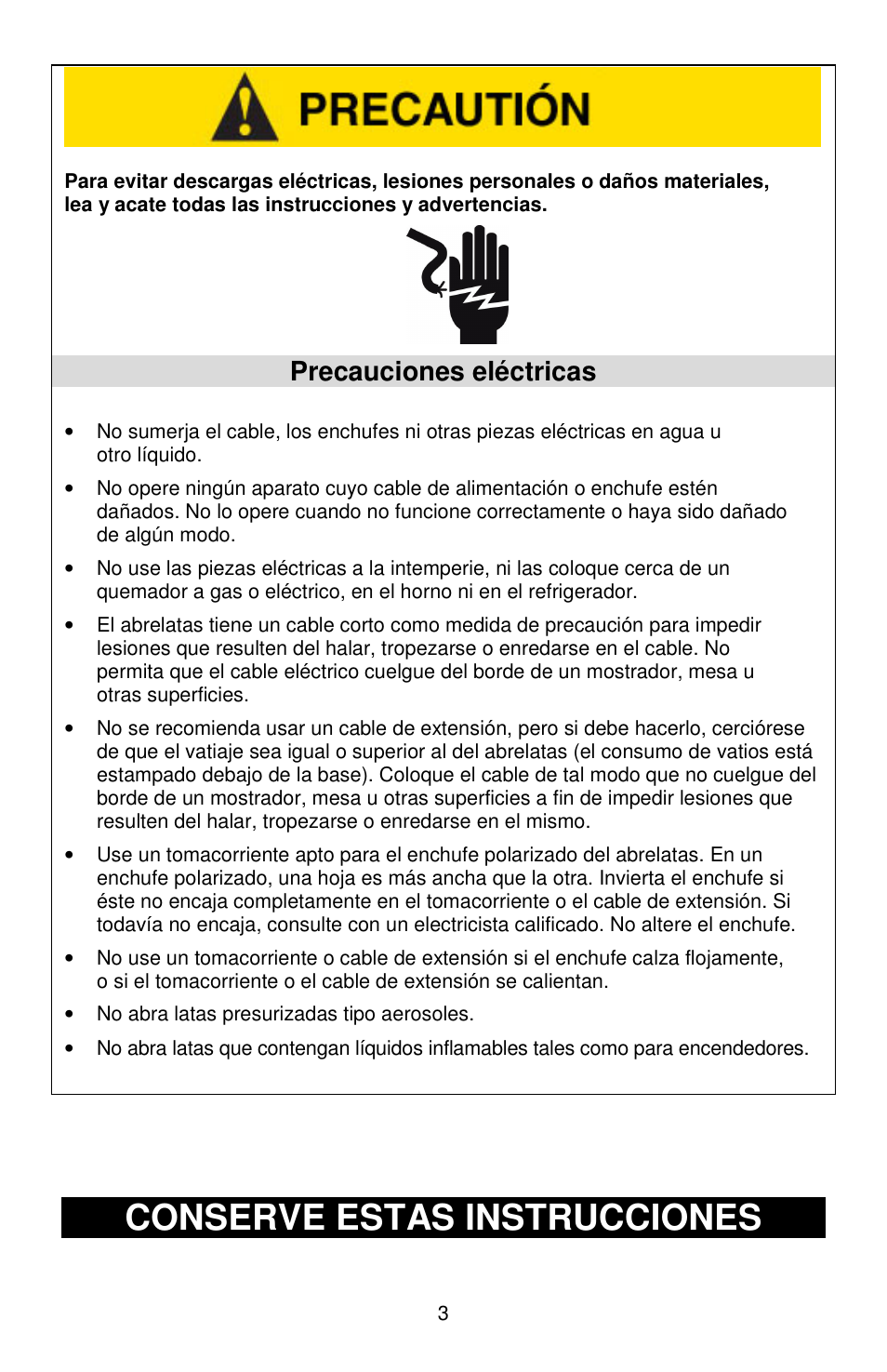 Conserve estas instrucciones, Precauciones eléctricas | West Bend Electric Can Opener User Manual | Page 16 / 20