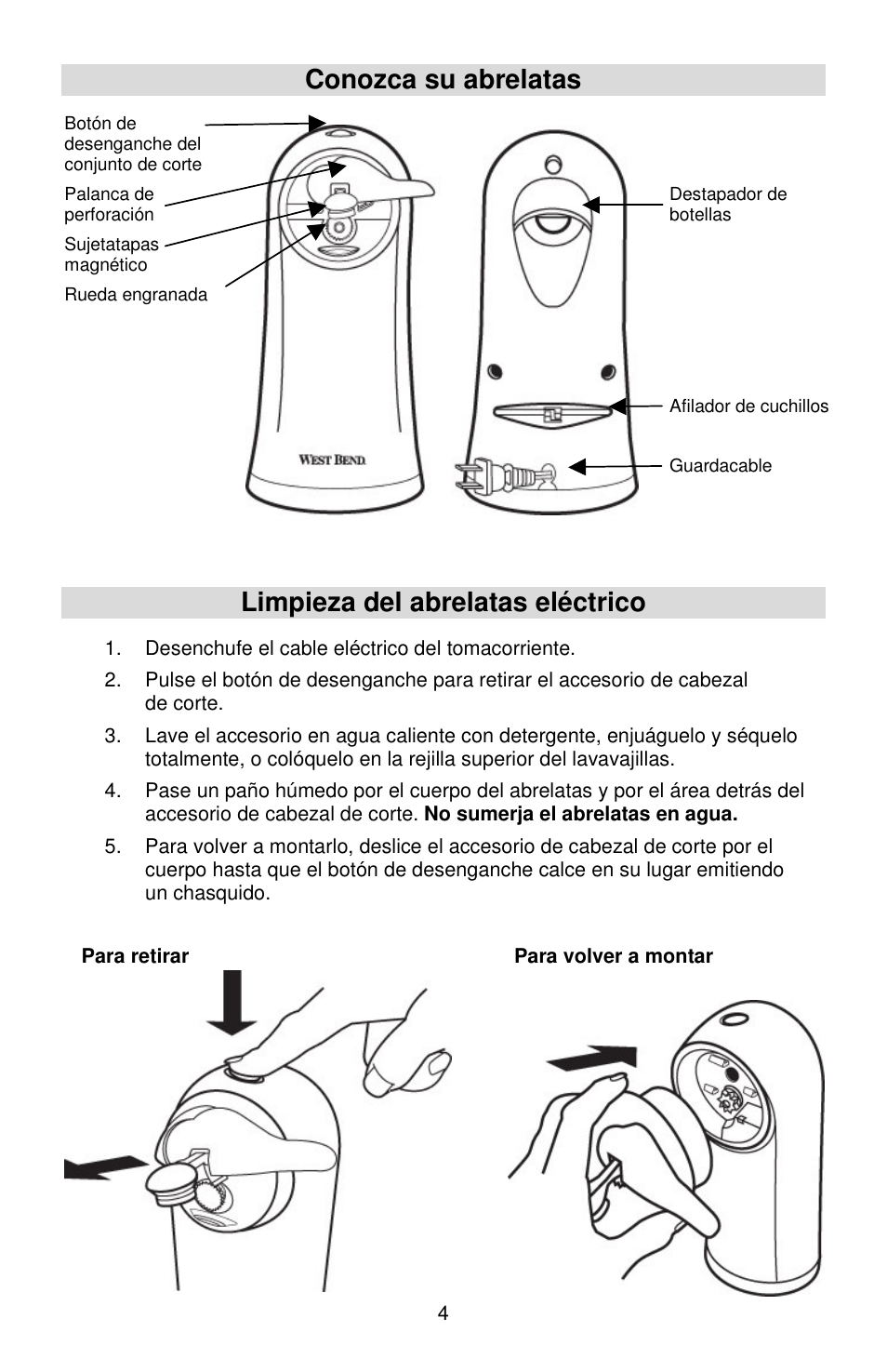 Conozca su abrelatas, Limpieza del abrelatas eléctrico | West Bend Electric Can Opener User Manual | Page 17 / 20