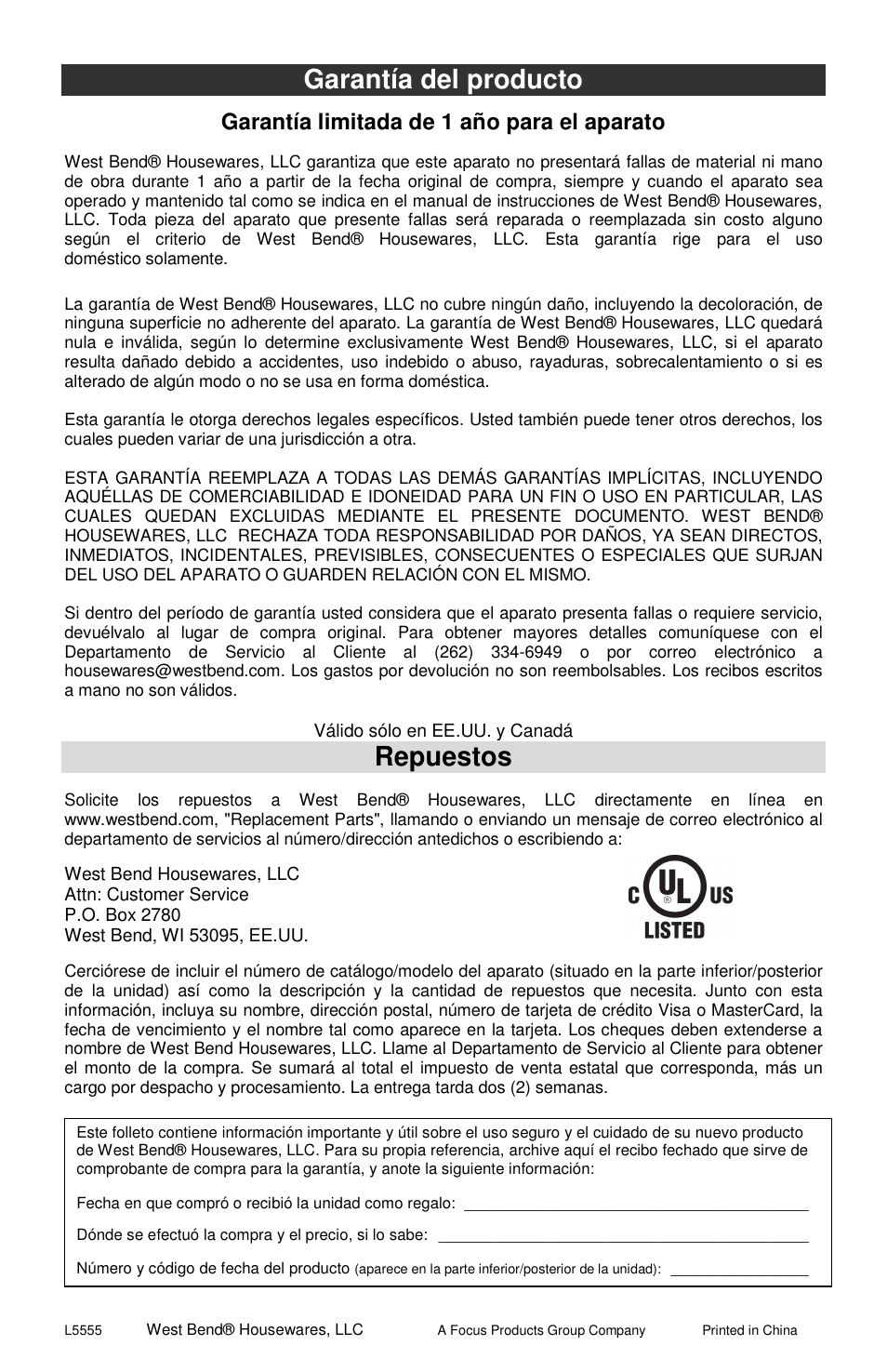 Garantía del producto, Repuestos, Garantía limitada de 1 año para el aparato | West Bend Electric Can Opener User Manual | Page 19 / 20