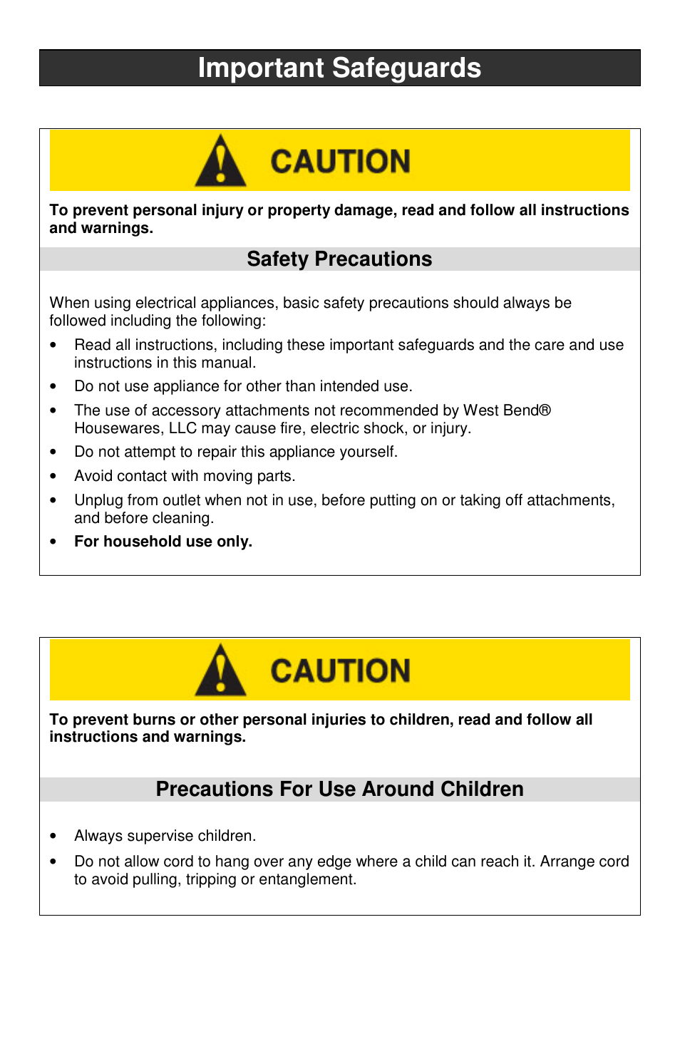 Important safeguards, Safety precautions, Precautions for use around children | West Bend Electric Can Opener User Manual | Page 3 / 20