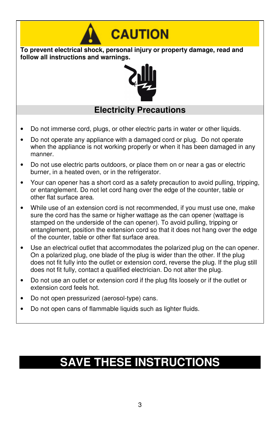 Save these instructions, Electricity precautions | West Bend Electric Can Opener User Manual | Page 4 / 20
