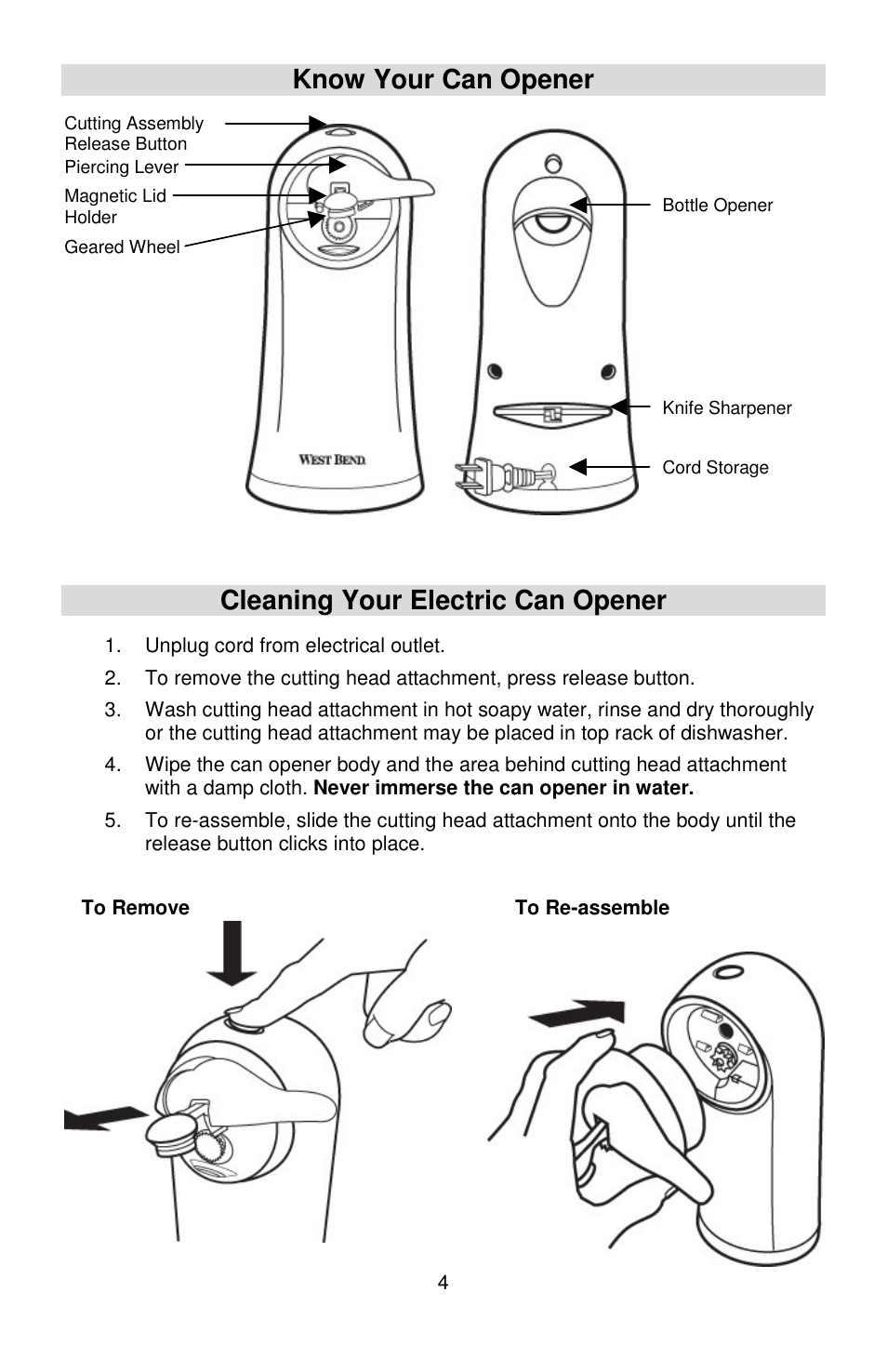 Know your can opener, Cleaning your electric can opener | West Bend Electric Can Opener User Manual | Page 5 / 20