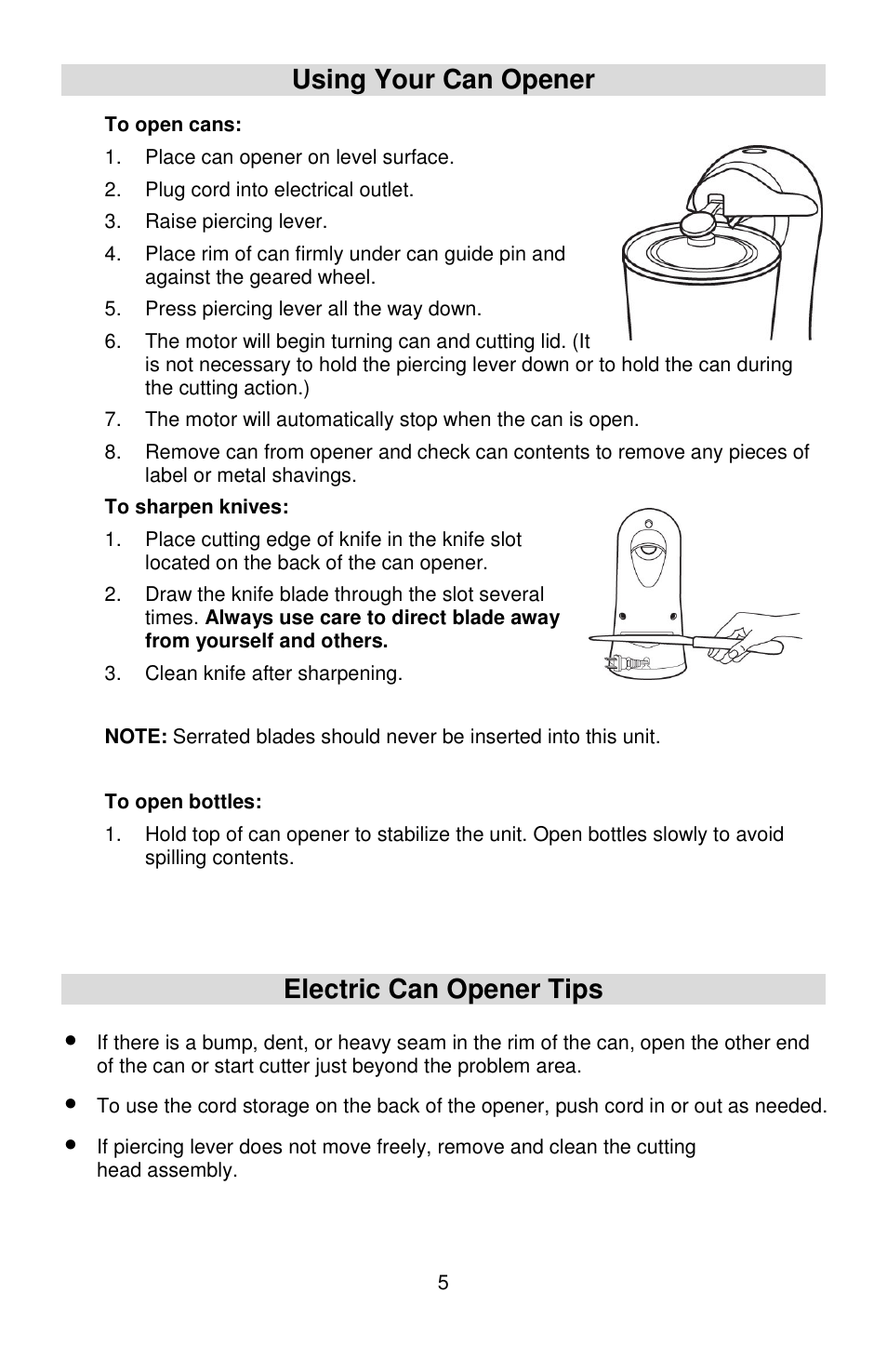 Using your can opener, Electric can opener tips | West Bend Electric Can Opener User Manual | Page 6 / 20