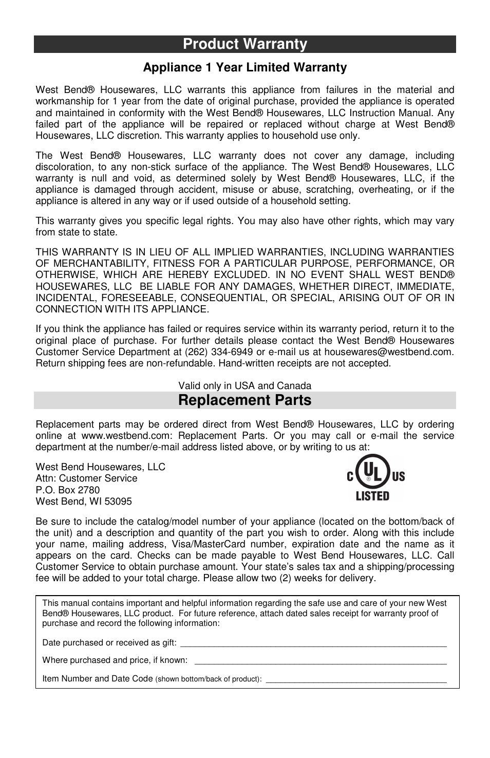 Product warranty, Replacement parts, Appliance 1 year limited warranty | West Bend Electric Can Opener User Manual | Page 7 / 20