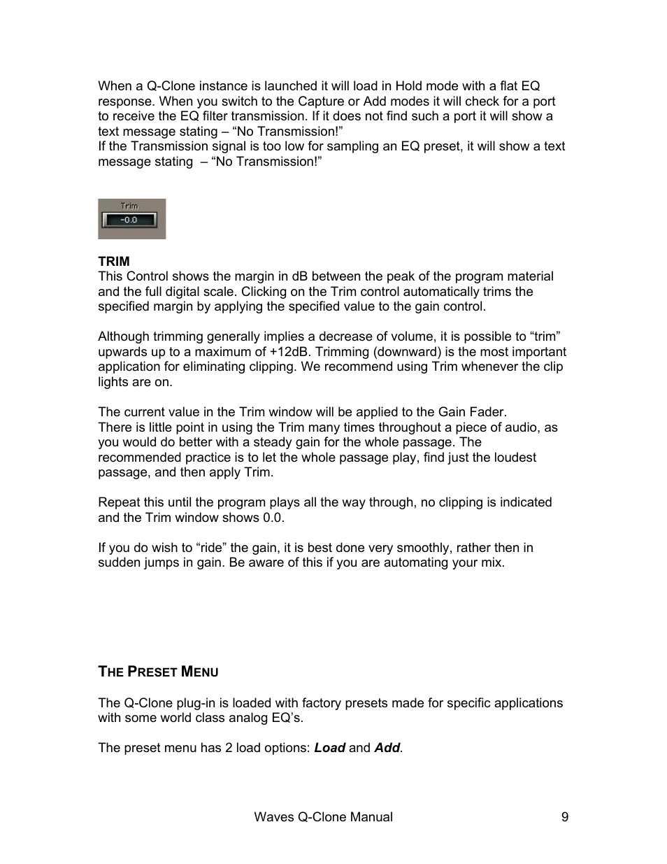 Trim, The preset menu | Waves EQ Sampling System Q-Clone User Manual | Page 9 / 34
