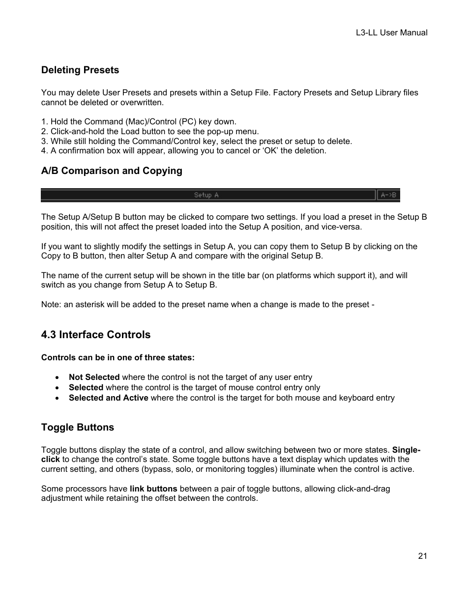 Deleting presets, A/b comparison and copying, 3 interface controls | Toggle buttons, Nterface, Ontrols | Waves Multimaximizer L3-LL User Manual | Page 21 / 26