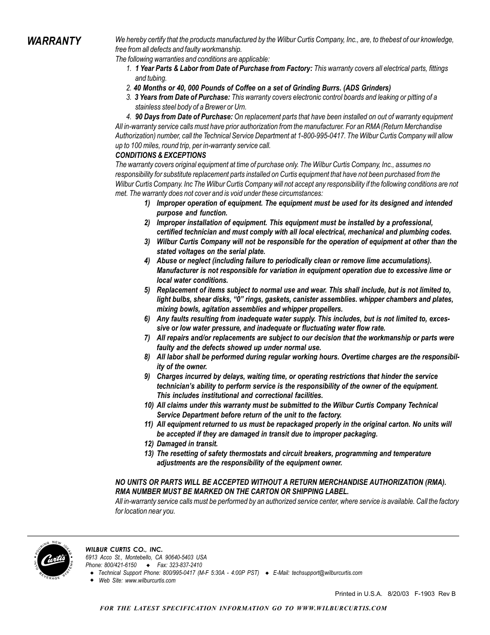 Warranty | Wibur Curtis Company CA 90640 User Manual | Page 12 / 12