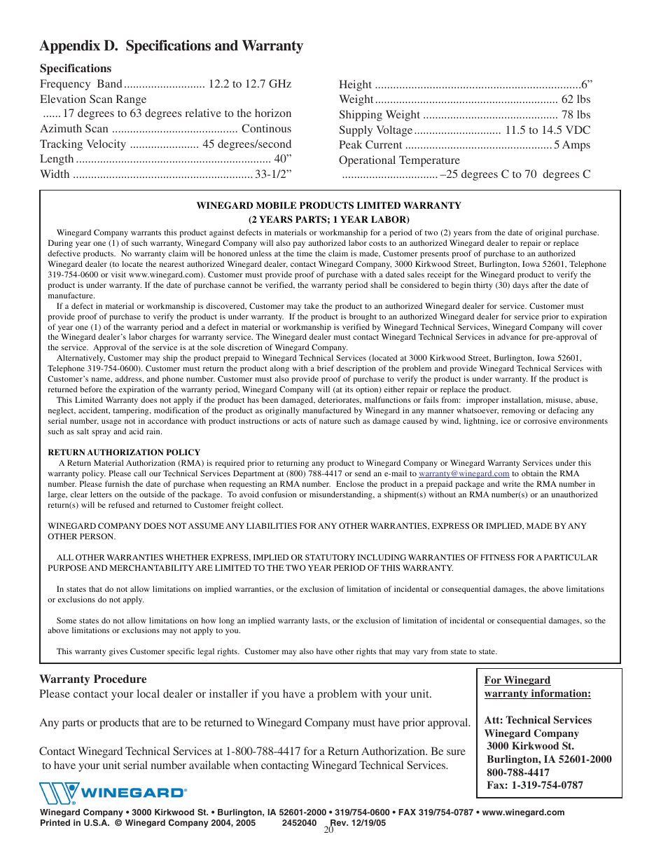 Appendix d. specifications and warranty | Winegard LP-1000 User Manual | Page 20 / 20