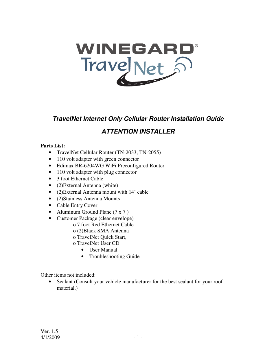 Winegard TRAVELNET TN-2033 User Manual | 16 pages