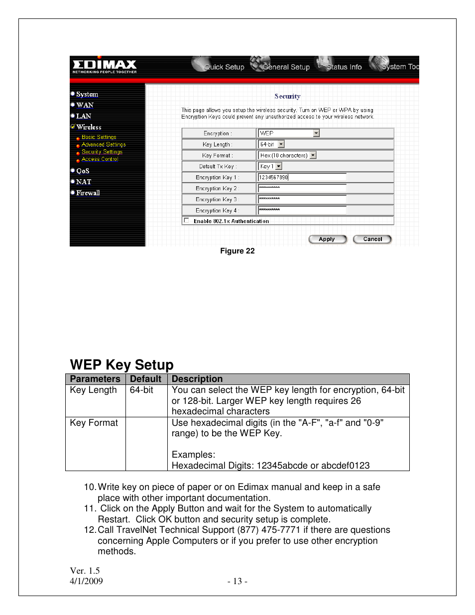 Wep key setup | Winegard TRAVELNET TN-2033 User Manual | Page 13 / 16