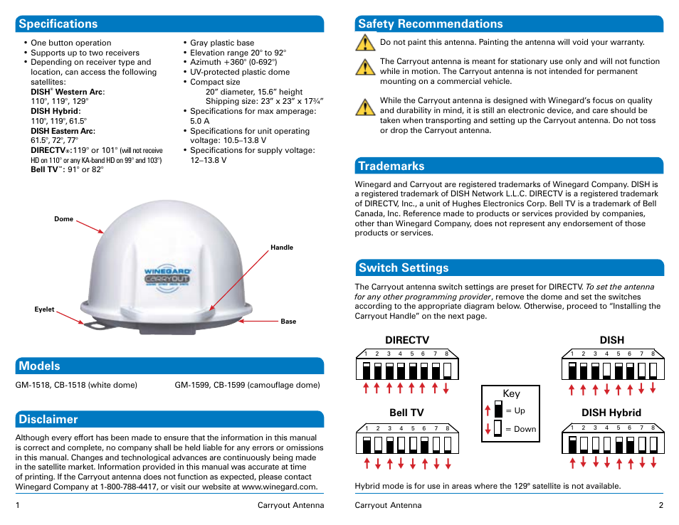 Switch settings | Winegard Carryout Automatic Portable Satellite TV Antenna GM-1518 User Manual | Page 2 / 11