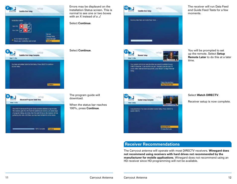 Receiver recommendations | Winegard Carryout Automatic Portable Satellite TV Antenna GM-1518 User Manual | Page 7 / 11