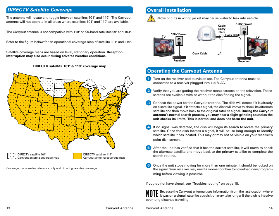 Operating the carryout antenna, Directv satellite coverage overall installation | Winegard Carryout Automatic Portable Satellite TV Antenna GM-1518 User Manual | Page 8 / 11