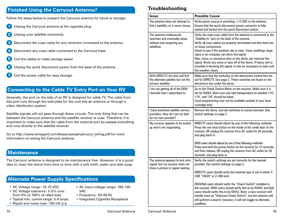 Troubleshooting | Winegard Carryout Automatic Portable Satellite TV Antenna GM-1518 User Manual | Page 9 / 11